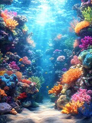 A vibrant illustration of an underwater coral reef teeming with marine life, but with no animals present.