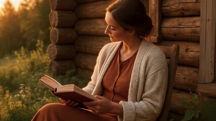 Woman reading book on wooden porch near forest, woman reading enjoys warm sunset glow, gentle breeze around woman reading invites calm relaxation. Concept mindful leisure.