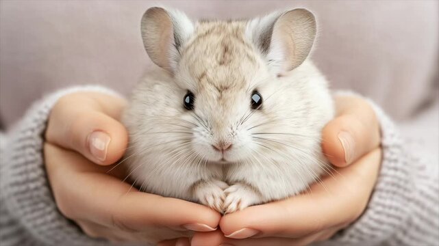 Cute chinchilla sitting in woman's hands