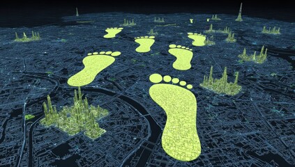 City map overlaid with glowing footprints