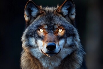 Wolf with radiant eyes reflects the power of the moon in a mystical forest setting under twilight sky