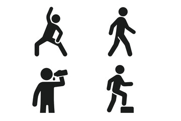 Hiking and fitness solid icon set. Man doing warm-up stretching, walking, drinking water for hydration, and stepping up stairs. Vector stick figure silhouette pictogram.