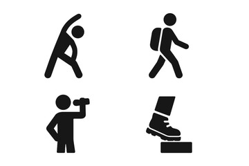 Hiking and fitness solid icon set. Vector glyph pictograms of stretching, walking with backpack, drinking water, and stepping in boot. Outdoor activity & preparation concept.