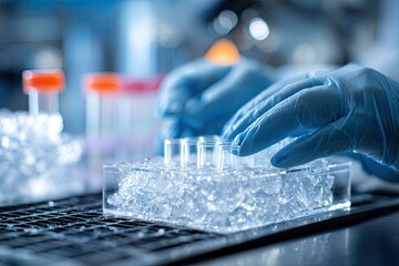Lab technician in blue gloves handles test tubes in a refrigerated ice-filled tray