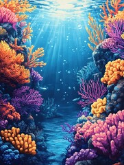 A vibrant illustration of an underwater coral reef teeming with marine life, but with no animals present.