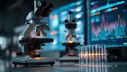 Laboratory scene with microscopes and test tubes.  Microscopes in focus with glowing optics,  test tubes in a rack, and computer screens showing data visualizations