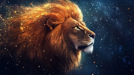 Naklejka premium High resolution mystical lion portrait with glowing eyes and majestic aura, powerful wild animal artwork symbolizing strength, courage, and spiritual energy in a stunning fantasy digital illustration