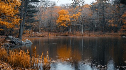 Fototapeta premium Autumn forest lake scenic landscape photography fall foliage reflection tranquil nature outdoor travel trees