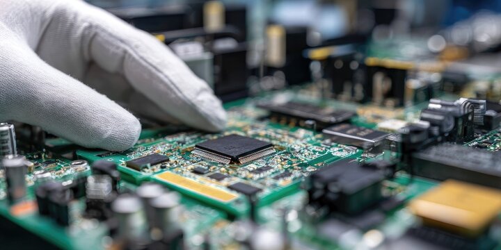 Close-up of a technician's gloved hand examining a complex circuit board