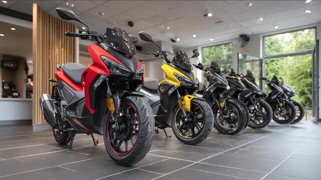 Motorcycles lined up in a dealership showcase their sleek designs, colors, and modern features, ready for urban adventures and stylish commutes.