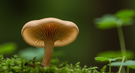 Fototapeta premium Close-up of a tan mushroom with visible gills, growing on moss. Dark green foliage is out of focus in the background.