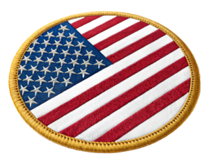 A round embroidered patch featuring the American flag with stars and stripes in red, white, and blue colors.