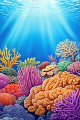 A vibrant illustration of an underwater coral reef teeming with marine life, but with no animals present.