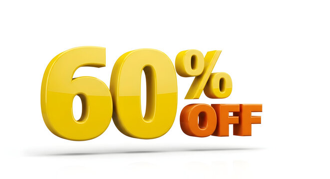 Large yellow 60% OFF 3D sale discount text isolated on white background for promotion and retail marketing