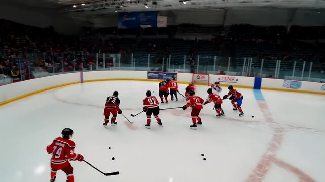 Watch the youth hockey players battle for the puck in this competitive ice hockey game with teams sporting red and blue jerseys.