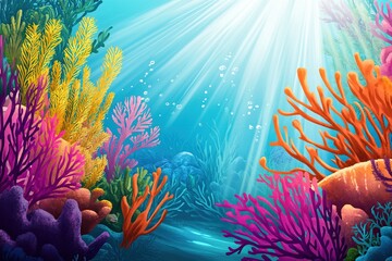 A vibrant illustration of an underwater coral reef teeming with marine life, but with no animals present.