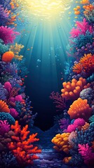 A vibrant illustration of an underwater coral reef teeming with marine life, but with no animals present.