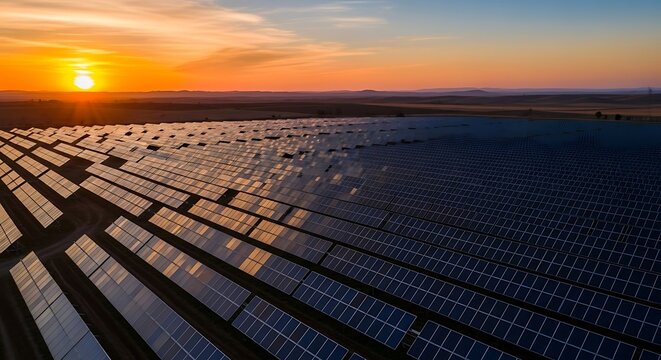Aerial view of a large solar panel farm at sunset, showcasing rows of photovoltaic panels stretching across a vast landscape.