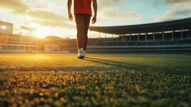 Male athlete walking on green football field during sunset  