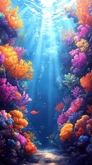 A vibrant illustration of an underwater coral reef teeming with marine life, but with no animals present.