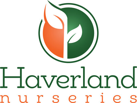 Modern Haverland Nursery logo design with green and orange leaves for gardening, landscaping and horticulture