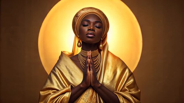 Young black woman praying with closed eyes in golden clothing  