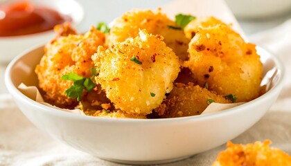 Crispy, golden-brown fried shrimp bites in a white bowl, showcasing a delicious, appetizing meal.
