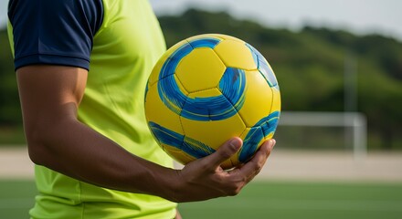 A person in a yellow and navy shirt holds a yellow and blue patterned soccer ball on a green field.