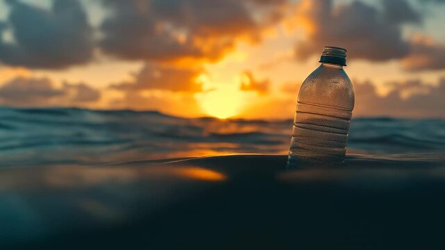 Plastic bottle floating in ocean during sunset with cloudy sky  