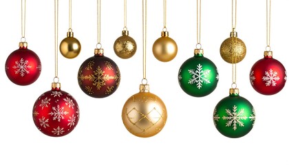 A festive arrangement of various Christmas ornaments, showcasing a collection of red, green, and gold baubles, all hanging from gold strings against a plain white background.