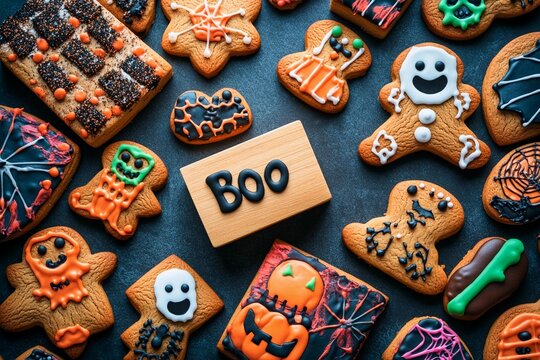 Variety of homemade gingerbread cookies with Halloween designs arranged on a dark background