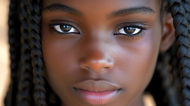 Young black girl with braided hair looking directly at the camera  