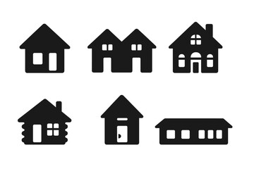 Fototapeta premium House icons set. Solid black glyph collection of homes. Real estate symbols. Vector illustration of suburban house, duplex, villa, cabin, tiny home, and ranch house.