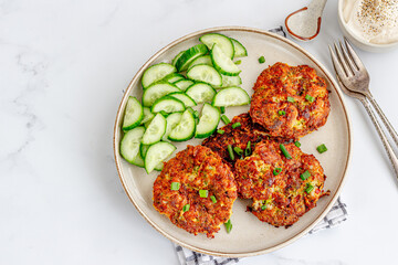 Chicken Fritters with Cucumbers and Dipping Sauce Top Down Photo