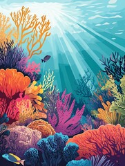 A vibrant illustration of an underwater coral reef teeming with marine life, but with no animals present.