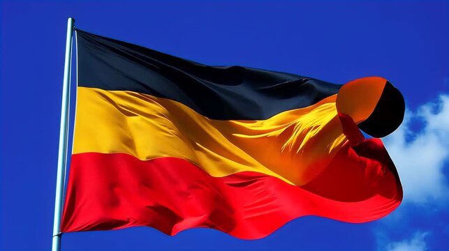 German flag waving in the wind against a blue sky backdrop  