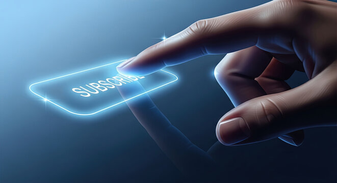 Finger pressing a glowing subscribe button, online subscription concept, digital marketing, social media, newsletter signup, modern technology, UI design