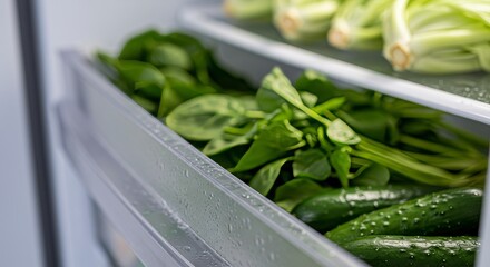 Close-up of a refrigerator drawer filled with fresh green vegetables, including cucumbers, spinach, and celery, kept crisp.