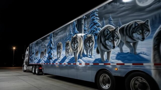 Custom airbrushed mural of a wolf pack on a semi truck trailer in a snowy forest at night
