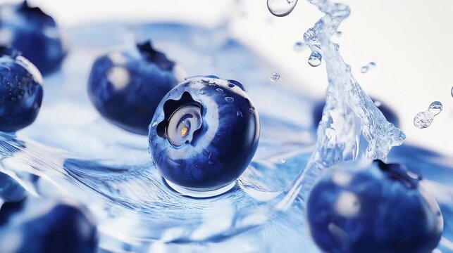 Fresh blueberries splashing in water with a clear background  