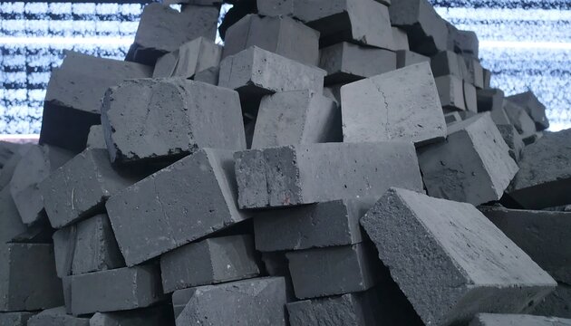 A large pile of dark gray rectangular blocks