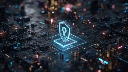 Cybersecurity shield graphic over a circuit board.  Abstract cityscape elements