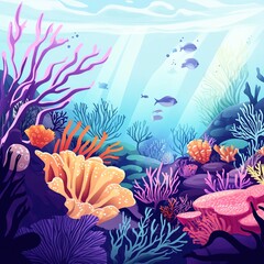 A vibrant illustration of an underwater coral reef teeming with marine life, but with no animals present.
