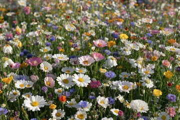 Vibrant meadow bursting with wildflowers in various colors