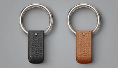 Two keyrings, black and tan leather, metal rings