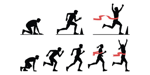 Silhouettes of sprinters in race sequence—starting, running, and finishing with victory ribbon—capturing speed, effort, and triumph