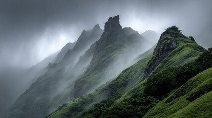 Mysterious clouds envelop rugged mountain peaks, creating a dramatic and atmospheric landscape with mist, shadows, and natural grandeur.