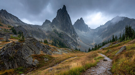 Naklejka premium Mysterious clouds envelop rugged mountain peaks, creating a dramatic and atmospheric landscape with mist, shadows, and natural grandeur.