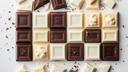 Assorted white and black chocolates set against a white background