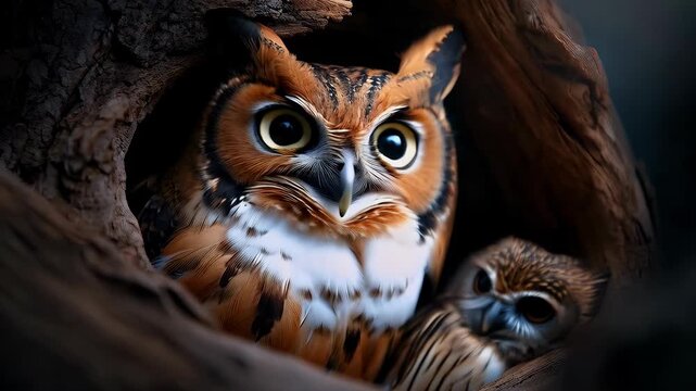 A majestic owl and its owlet peer out from a cozy tree hollow, showcasing the beauty and wonder of wildlife and the natural world.